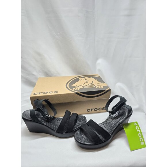 Crocs Leigh II Cross Strap Strappy Ankle Wedge Sandals Black Women’s Size 9 *NEW - Picture 1 of 10